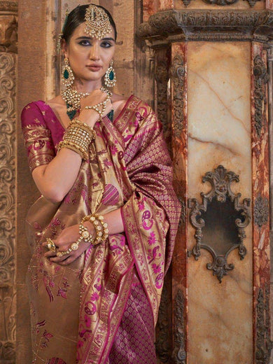 Amazing Purple Zari Weaving Silk Function Wear Saree With Blouse
